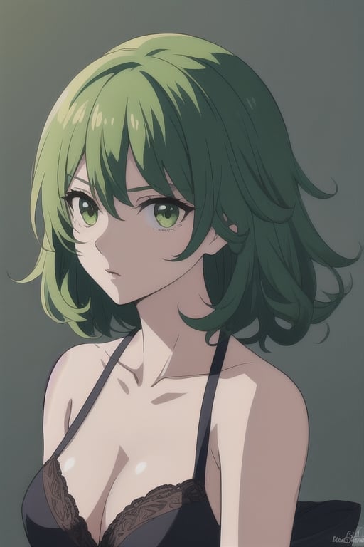 a drawing of a woman with green hair and a bra top on her chest, with a black bra top, Artgerm, elegance, an anime drawing, rococo,1girl, artist name, bare shoulders, black dress, breasts, cleavage, collarbone, curly hair, dress, green eyes, green hair, grey background, looking at viewer, medium breasts, short hair, signature, solo, tatsumaki, upper body,High-res, impeccable composition, lifelike details, perfect proportions, stunning colors, captivating lighting, interesting subjects, creative angle, attractive background, well-timed moment, intentional focus, balanced editing, harmonious colors, contemporary aesthetics, handcrafted with precision, vivid emotions, joyful impact, exceptional quality, powerful message, in Raphael style, unreal engine 5,octane render,isometric,beautiful detailed eyes,super detailed face and eyes and clothes,,More Detail,Stickers,<lora:659111690174031528:1.0>