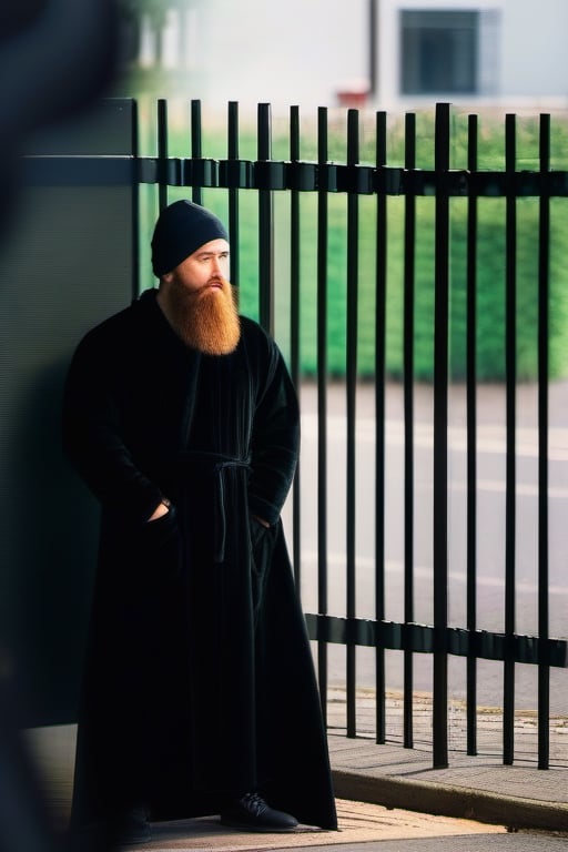 a man with a beard and a black robe on a street corner with a fence in the background and a green tree,  Dan Content,  fac...