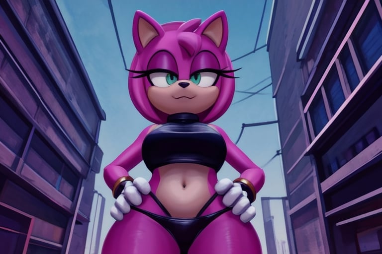 stylised fantasy sketch, watercolor), background - a futuristic cityscape with skyscrapers and flying cars, fullbody, a AmyRose standing with her hands on her hips, looming over viewer, behind her is a holographic billboard of herself, AmyRose, sophisticated, menacing look, looking at viewer), low camera angle, dynamic lighting, fluffy fur, detailed hair, atmospheric,More Detail,AmyRose,<lora:659111690174031528:1.0>