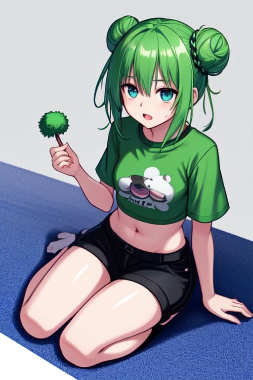 a cartoon girl with green hair sitting on the ground with a stuffed animal in her lap and a green shirt on, Fan Qi, grass, a sketch, context art,1girl, blush, crop top, double bun, eyebrows visible through hair, flying sweatdrops, full body, green hair, hair bun, midriff, navel, raglan sleeves, seiza, shirt, short shorts, short sleeves, shorts, simple background, sitting, solo, thighs, white background,High-res, impeccable composition, lifelike details, perfect proportions, stunning colors, captivating lighting, interesting subjects, creative angle, attractive background, well-timed moment, intentional focus, balanced editing, harmonious colors, contemporary aesthetics, handcrafted with precision, vivid emotions, joyful impact, exceptional quality, powerful message, in Raphael style, unreal engine 5,octane render,isometric,beautiful detailed eyes,super detailed face and eyes and clothes,More Detail,anarchy stocking,manga,<lora:659111690174031528:1.0>