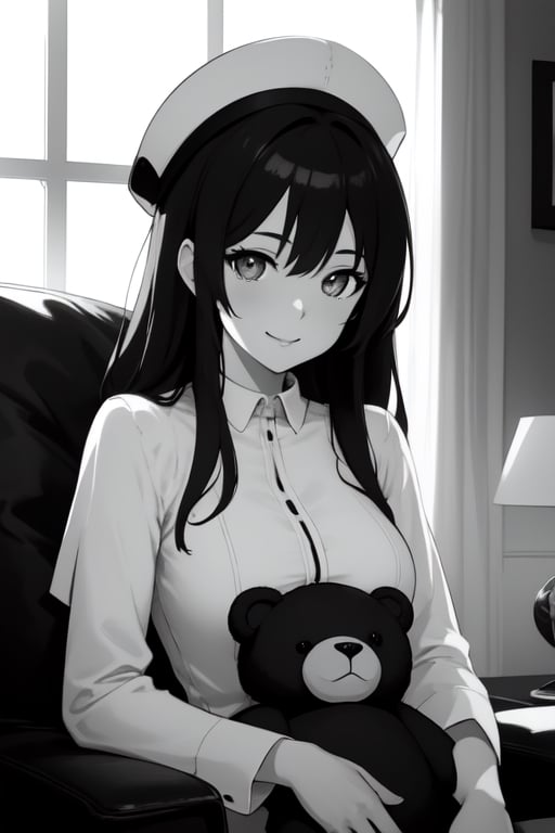 a drawing of a girl with a hat and a teddy bear on her lap and a teddy bear on her shoulder,  Ai-Mitsu,  official art by C...