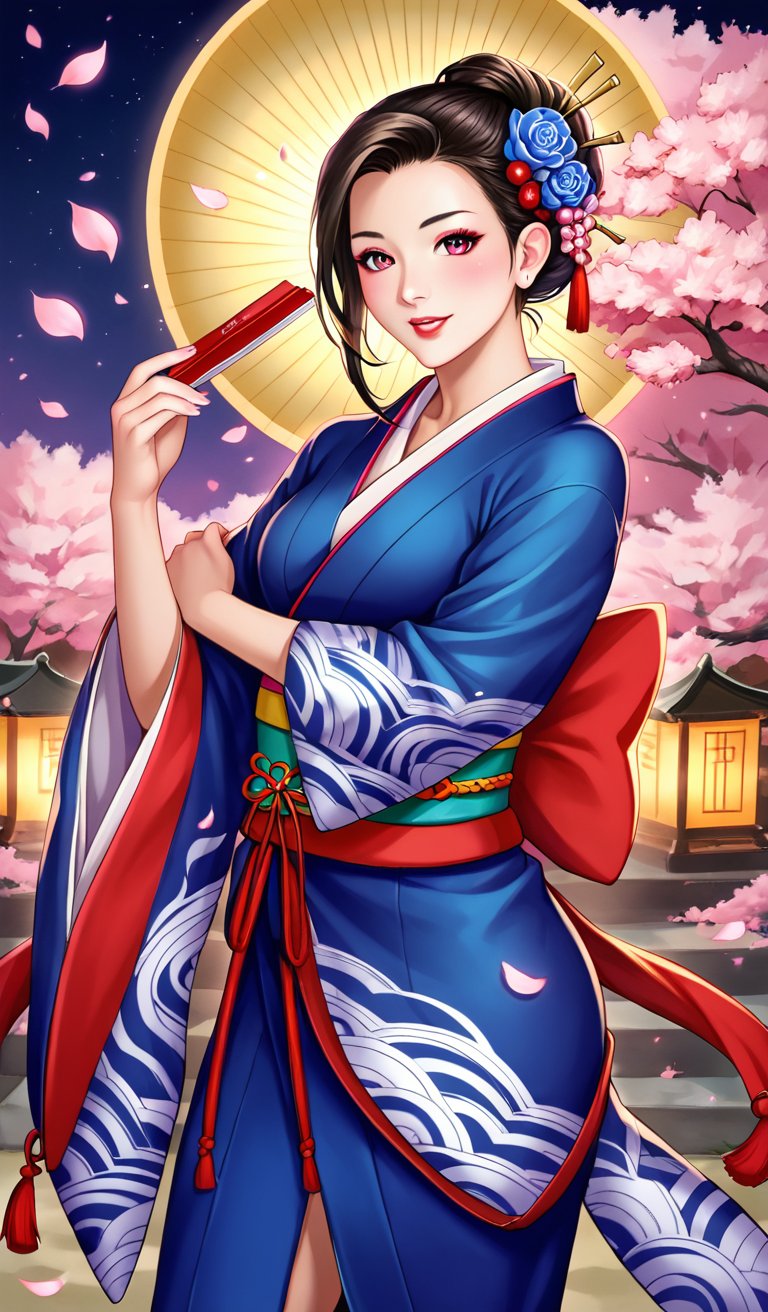 A photorealistic image of a beautiful Japanese woman with a serene expression, wearing a stunning traditional kimono dress. Capture the vibrant colors and intricate patterns of the kimono, more detail XL