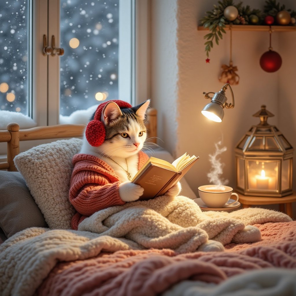 A warm bed and a cat reading (A description of a cat spending a relaxing moment in the calm atmosphere of a bedroom,  esca...