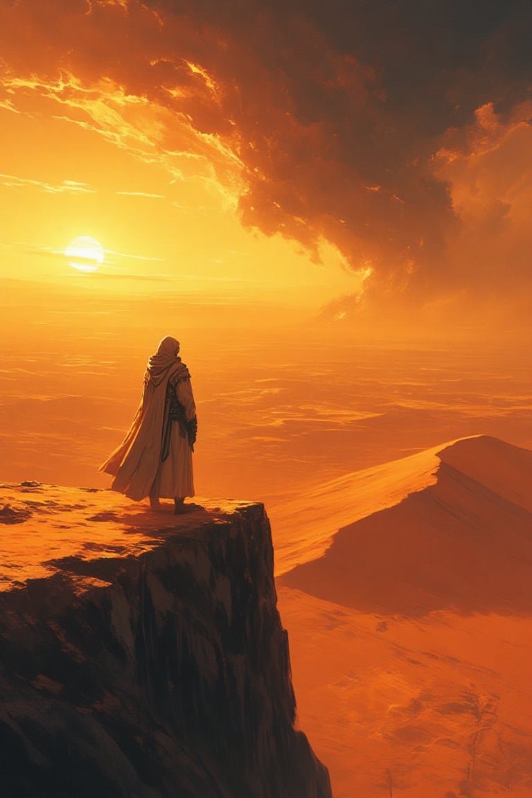 Create an image showcasing a cinematic scene from the epic saga of Dune,  focusing on a pivotal moment where the young hei...