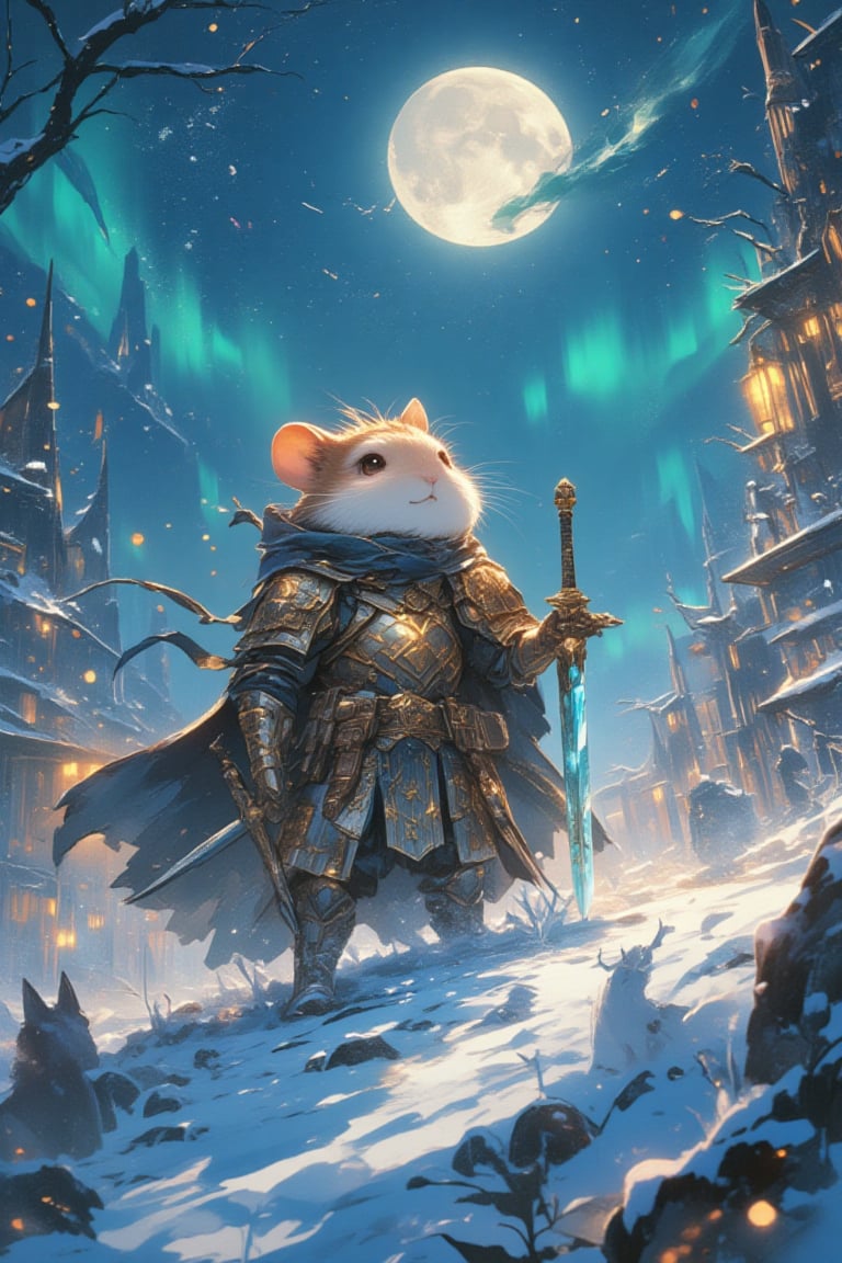 (Create a dynamic scene of an adorable,  heroic hamster as it stands resolutely on a frost-covered battlefield reminiscent...