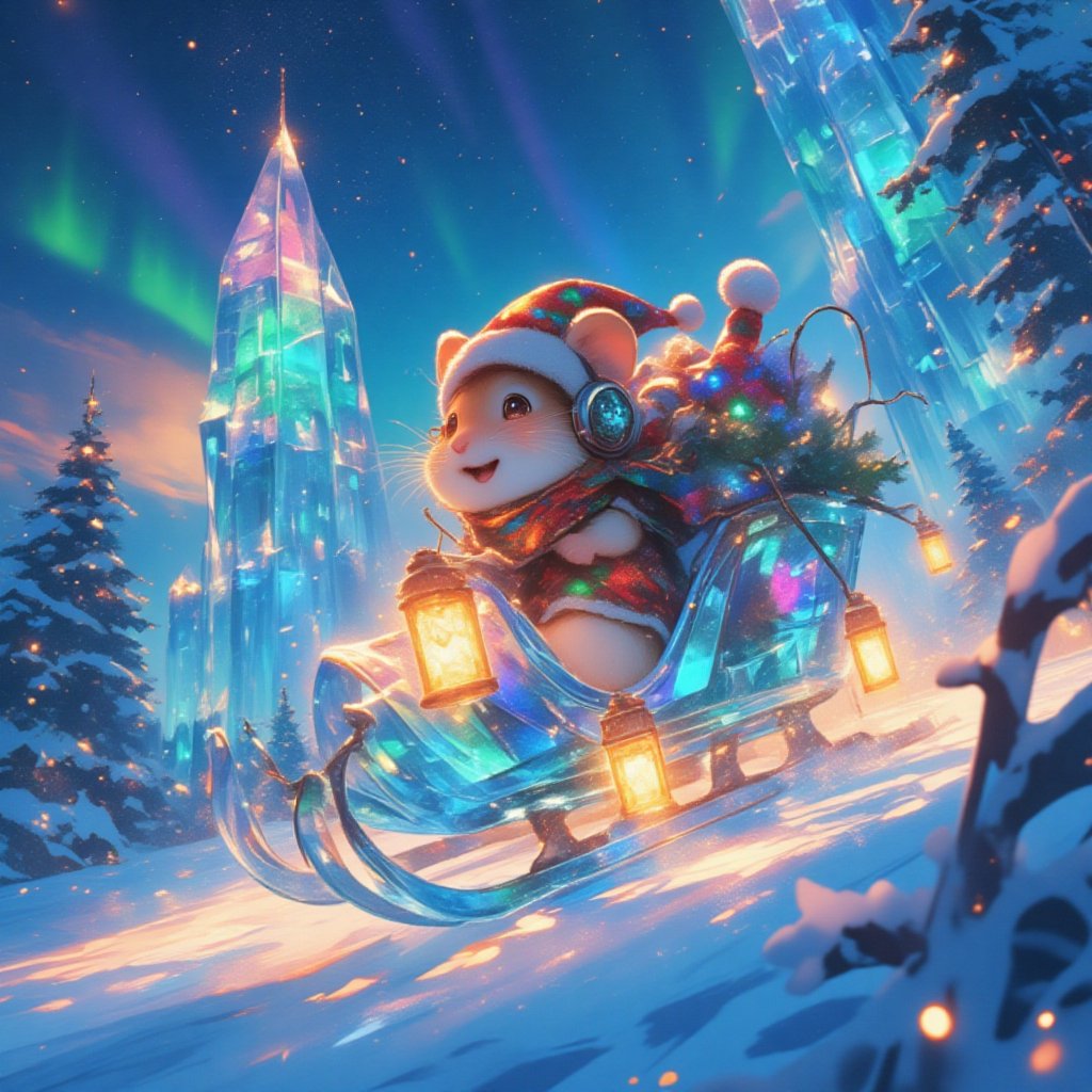 Visualize an adventurous hamster dressed in festive attire embarking on a magical sleigh ride across a dazzling landscape...