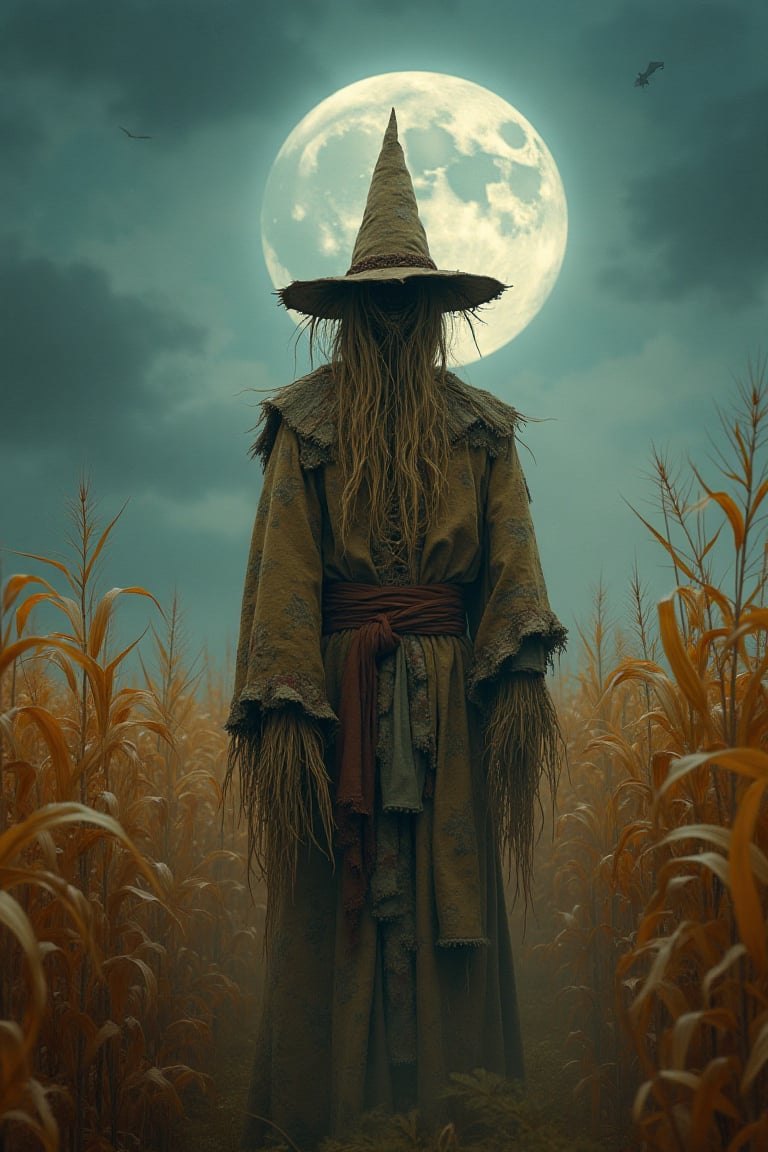 Imagine a vivid scene straight out of a bard's tale, where a lone figure, adorned in a scarecrow costume, stands hauntingly amidst an amber field under a twilight sky. The moon is full, casting a silver luminescence that dances through wisps of autumnal fog. The scarecrow’s garb, woven with tattered patches of earth-toned fabrics, rustles gently in a phantom breeze. Surrounding them are the echoes of the night: the distant hoot of an owl, the whisper of corn stalks, and the soft fluttering of bats’ wings. A sense of mystical enchantment fills the air, each detail woven into a tapestry of storytelling that conjures images of ancient customs and eerie tales whispered around a campfire.