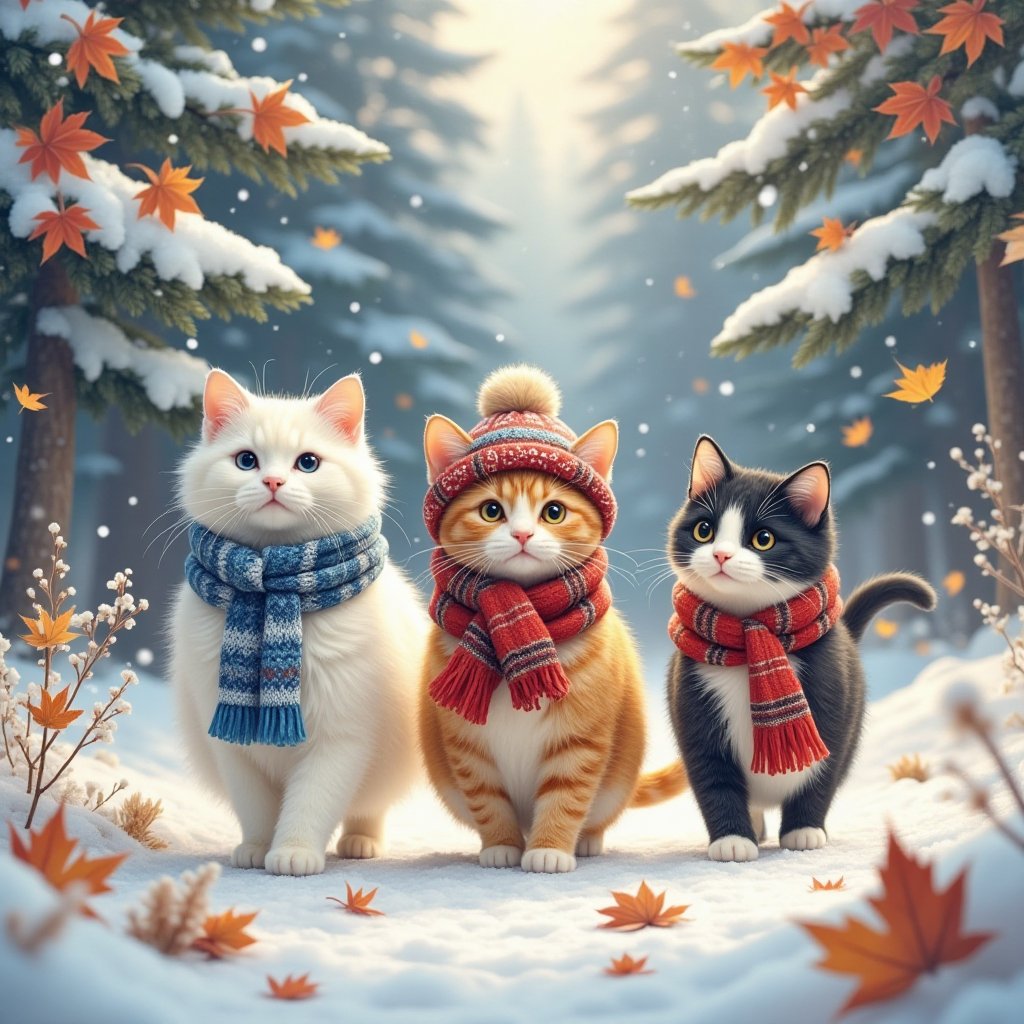 In a scenic Nordic forest pathway draped in snow,  an adorable quartet of feline friends embarks on a charming winter stro...
