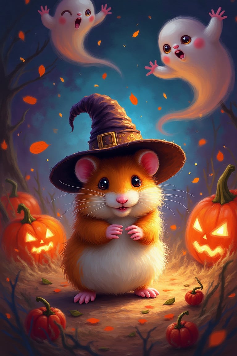 Create an abstract, energetic rendering of a Halloween night where whimsical shapes and vibrant colors swirl around a super cute hamster dressed in a tiny witch's hat. The scene should feel like a burst of creativity, with bold brushstrokes that capture the movement and joy of the Halloween festivities. The hamster, central to the composition, should be rendered in an exaggerated, playful manner, with oversized eyes and a fluffy tail, giving it a fantastical appeal. The background should be a dynamic blend of oranges, purples, and blacks, suggesting the eerie yet festive spirit of Halloween, with ghostly figures and floating pumpkins dancing in the air.