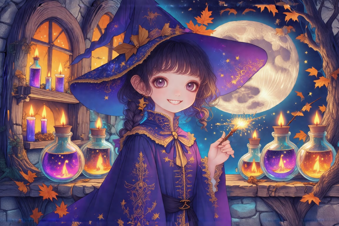 In the heart of a mystical forest, where whispers of ancient secrets hide within the rustling leaves, stands an old alchemical atelier. Inside, illuminated by the soft glow of Halloween lanterns, a cute young girl, perhaps no older than ten, dons the whimsical costume of a witch. Her wide-brimmed hat, tilted at a charming angle, casts a mischievous shadow across her face. Her robe, a kaleidoscope of midnight blues and purples, boasts stars embroidered with golden thread that shimmer like distant galaxies. Around her, a symphony of spectral hues dances as colorful potions in glass vials reflect the flickering candlelight, casting an array of fantastical shadows upon the stone walls. The scene brims with enchantment and anticipation, as the air is alive with the scent of cinnamon and ever-so-slightly burnt magic. Tiny sparks of light erupt sporadically from the tips of her wand, an ancient artifact intricately crafted from elderwood and engraved with runes that hum with a life of their own. She giggles, a sound as bright as her surroundings, filled with the joy of discovery and play. Outside the window, the moon hangs like a giant pearl against the velvet sky, watching over this harmonious blend of whimsy and arcane secrets.