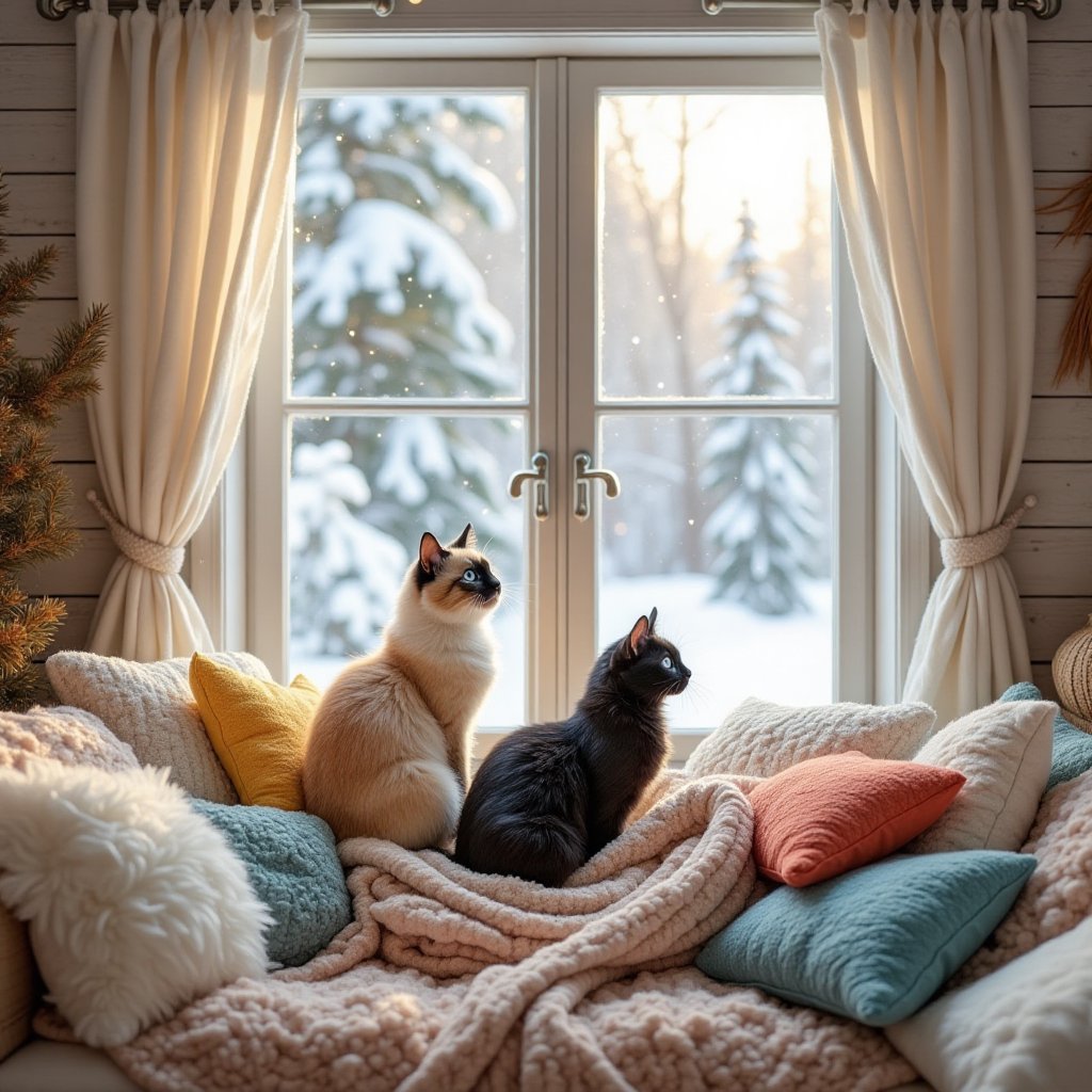Within a quaint Nordic cabin,  two endearing cats perch beside a grand window,  wrapped snugly in a cozy blanket as they g...