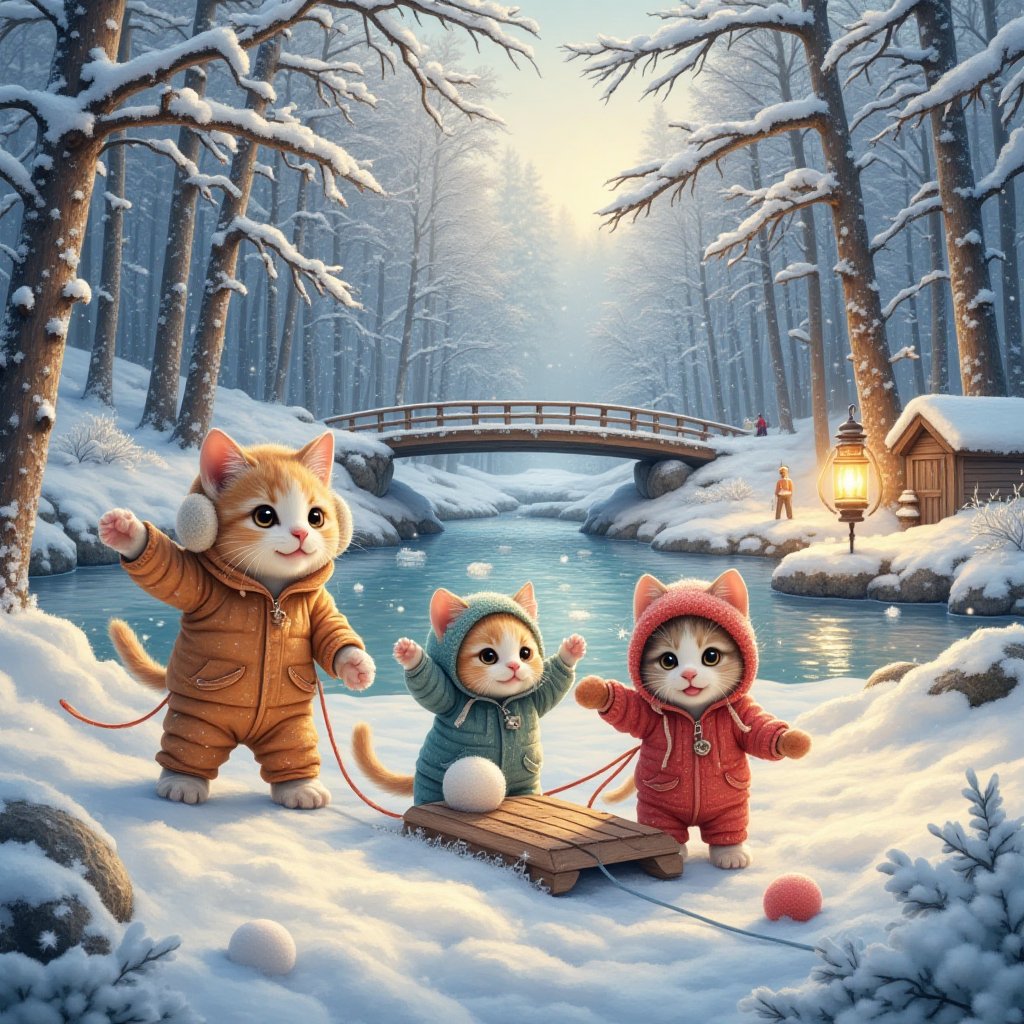 (Draw cats playing in the snow in a Nordic winter forest. The cats are wearing tight-fitting snow suits and fleece jackets...