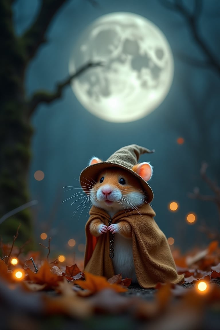 Craft a richly evocative scene that unfolds like a ballad sung by a wandering bard under a moonlit Halloween sky. Picture a grand, silvery full moon illuminating an enchanting landscape filled with whispers of ancient folklore. In the gentle embrace of this scene, introduce a charmingly cute hamster, garbed in a whimsical costume befitting the fantastical night – perhaps a tiny wizard's robe with a miniature hat. The hamster becomes a miniature guardian of the night, nestled among fallen leaves and shadows that dance to the serenade of the wind. Surround it with soft, glowing orbs of light – will-o'-the-wisps perhaps – that twinkle like the scattered notes of a mystical tune. Capture the soft rustling and quiet magic that a bard might sing of, weaving a tapestry of poetic imagery around this endearing, tiny creature.