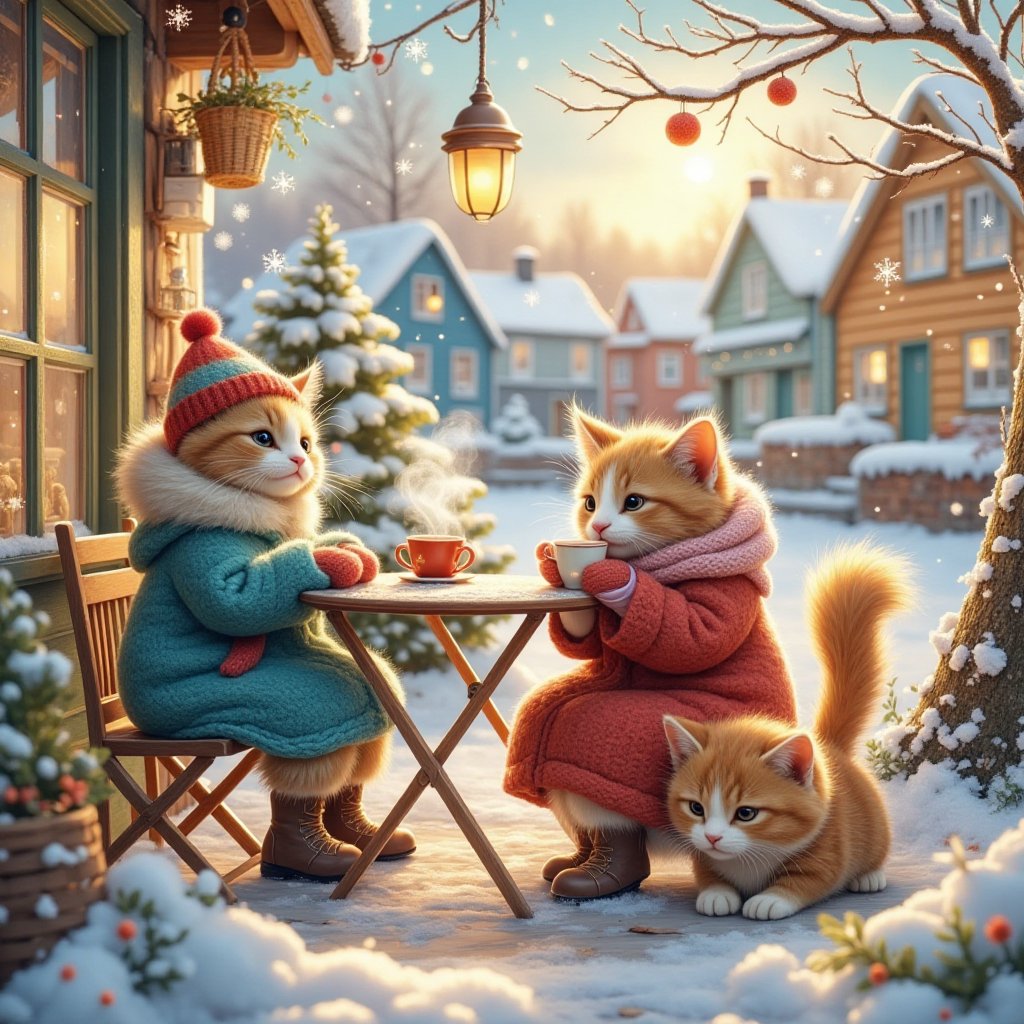 (The scene is the terrace of a cafe in a small town in Northern Europe,  an impressive winter morning where you can see th...