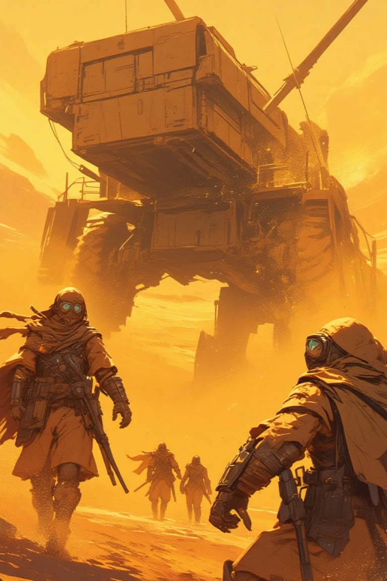 Create a thrilling cinematic moment in the intricate world of Dune,  featuring a clandestine ambush on a spice harvester b...