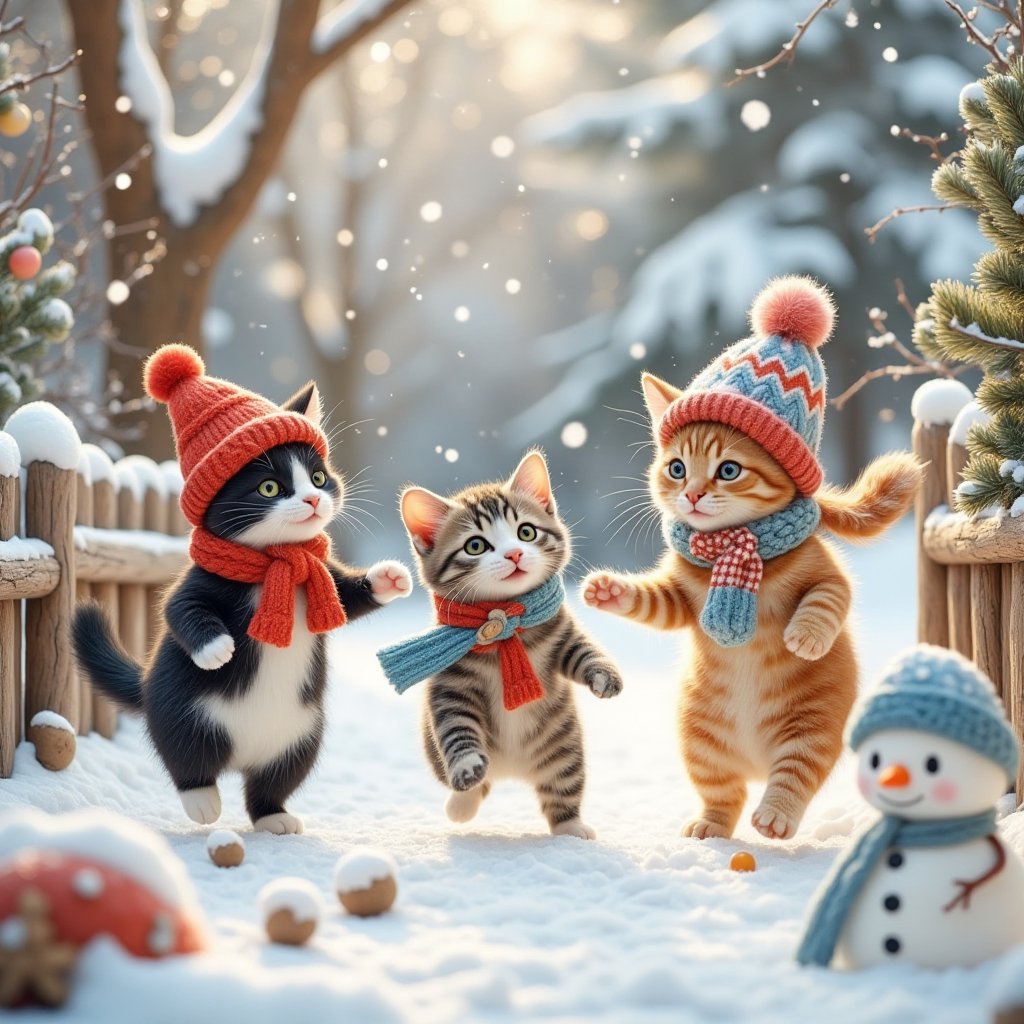 In a picturesque Nordic winter garden blanketed in snow,  three delightfully cute cats frolic playfully. Each cat is fashi...