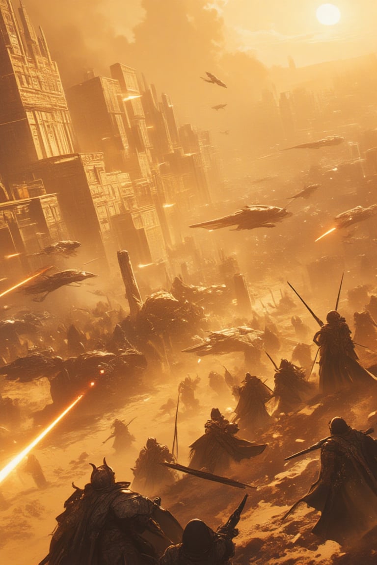 Visualize a pivotal cinematic moment from Dune,  illustrating the tense and action-packed Siege of Arrakeen. The scene sho...