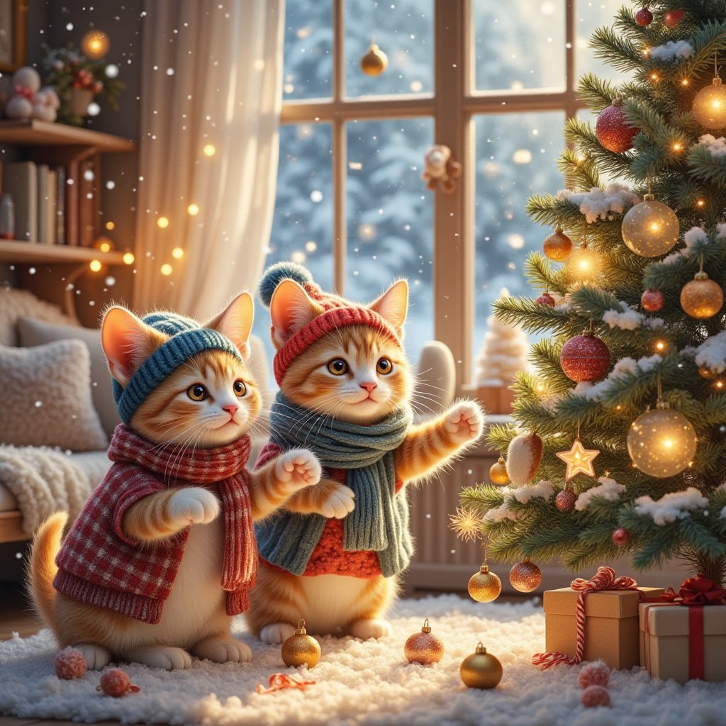 (This depicts a scene in a warm,  cute house in a snowy Nordic town,  where cats are dressed in stylish winter clothes and...
