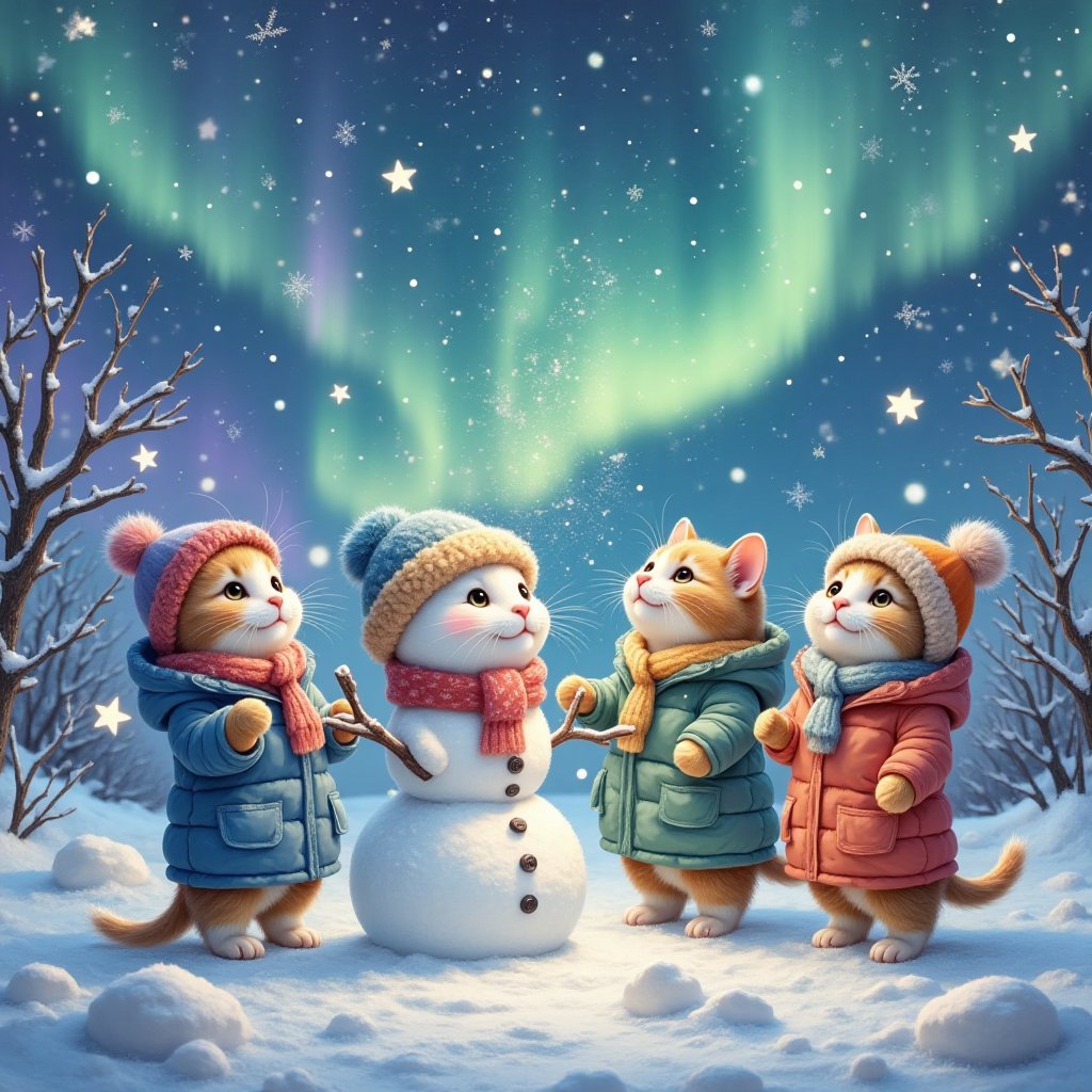 Cats making snowmen with the Northern Lights (Against the beautiful Northern Lights in the night sky,  cats are enjoying m...