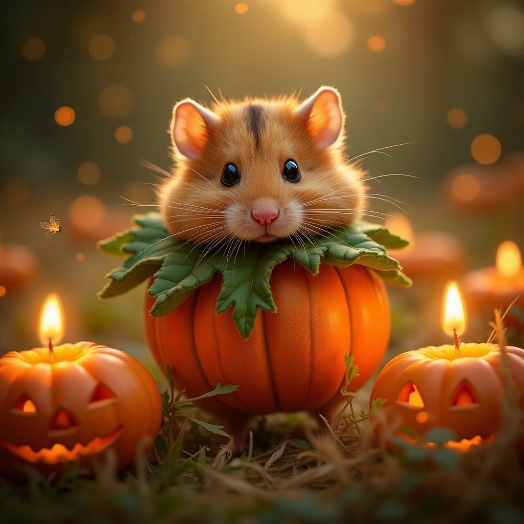 Once upon a twilight cloaked in whispers of the coming fall, a joyous celebration awaits in a meadow painted with golden dusk. Here, in the heart of this enchanting night, a hamster of utmost charm dons a pumpkin costume—a delicate figure nestled amidst the folds of amber and green fabric. The costume, a petite pumpkin, features intricate textures that mimic freshly picked gourds, while tiny leaves sewn together form a cape that flutters with each nimble movement. The hamster's eyes, like polished onyx, gleam with exuberance as it scampers amongst softly glowing jack-o-lanterns, each cradling a candle that casts a gentle luminescence. As fireflies begin their evening ballet, the hamster performs its merry HALLOWEEN frolic, infusing the air with an enchanting blend of adorability and the harvest's magic, serenading the observer with images of a season teeming with delightful mystery and joy.