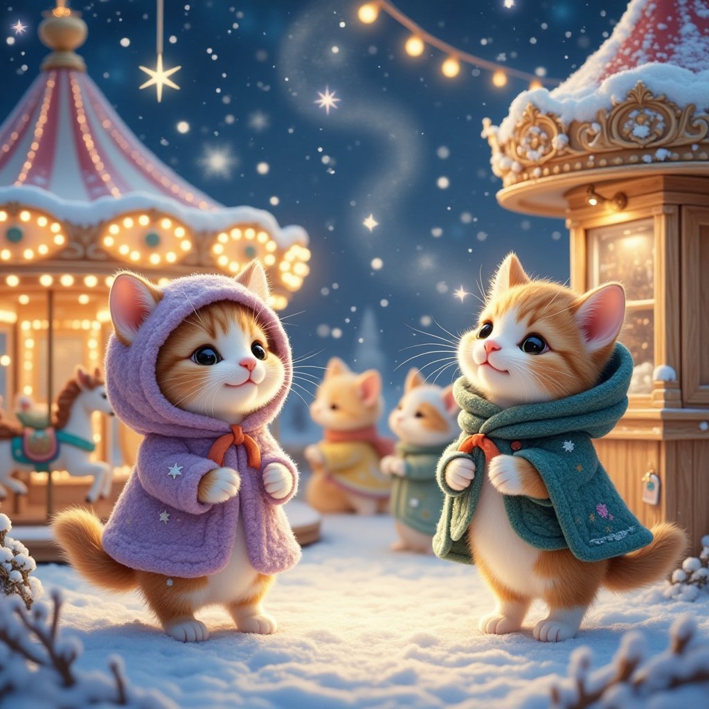 (A small amusement park decorated with Christmas lights in a corner of Northern Europe. Stars twinkle in the snowy night s...