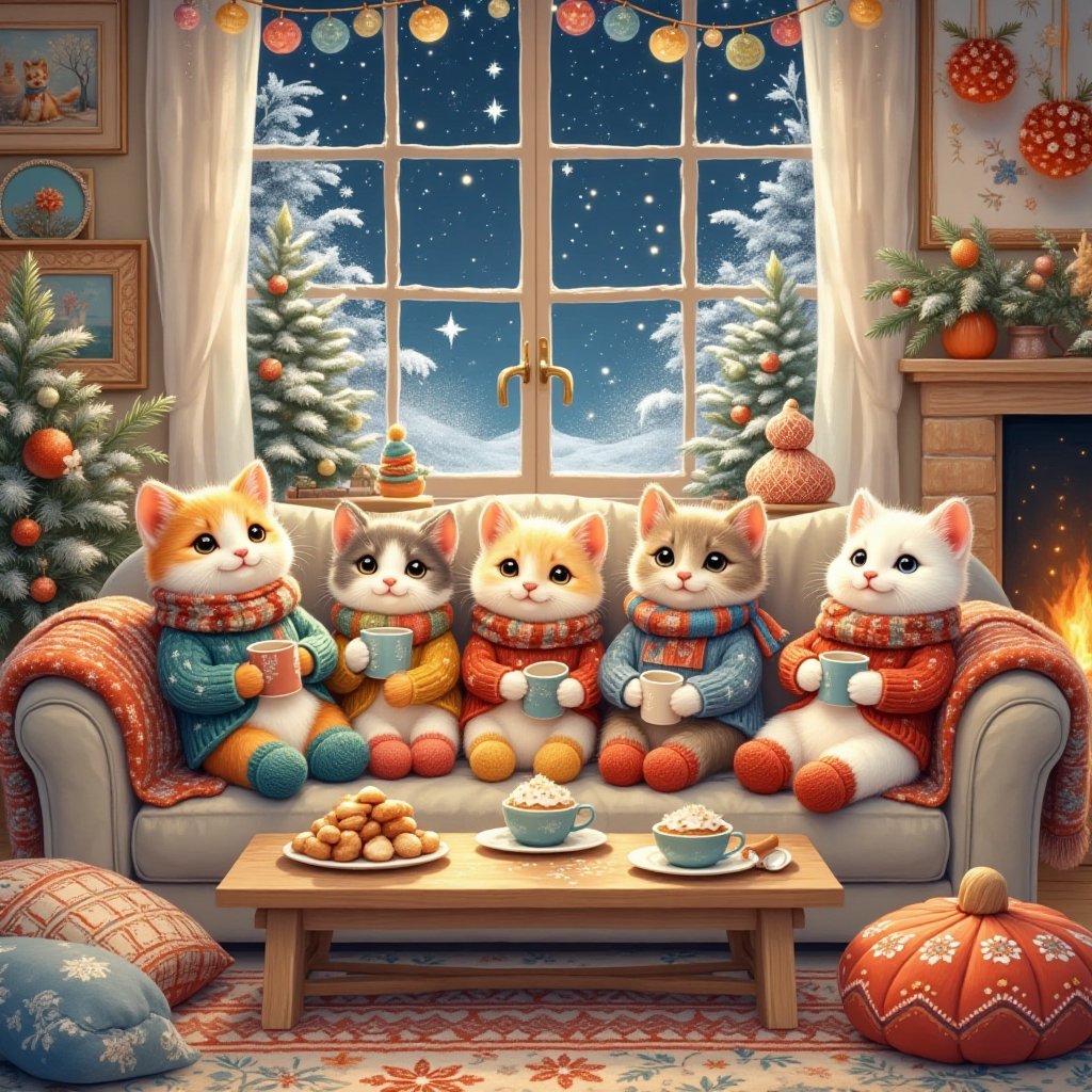 (Draw a scene of cats enjoying a tea party in stylish winter clothes in a warm Nordic-style living room. The cats are wear...
