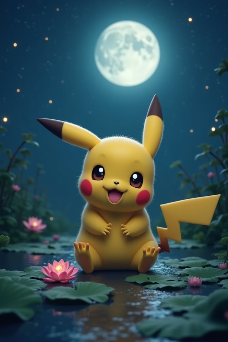 a cute pikachu playing under the moonlight,  detailed pikachu,  detailed face and eyes by spinat on Tensor.Art