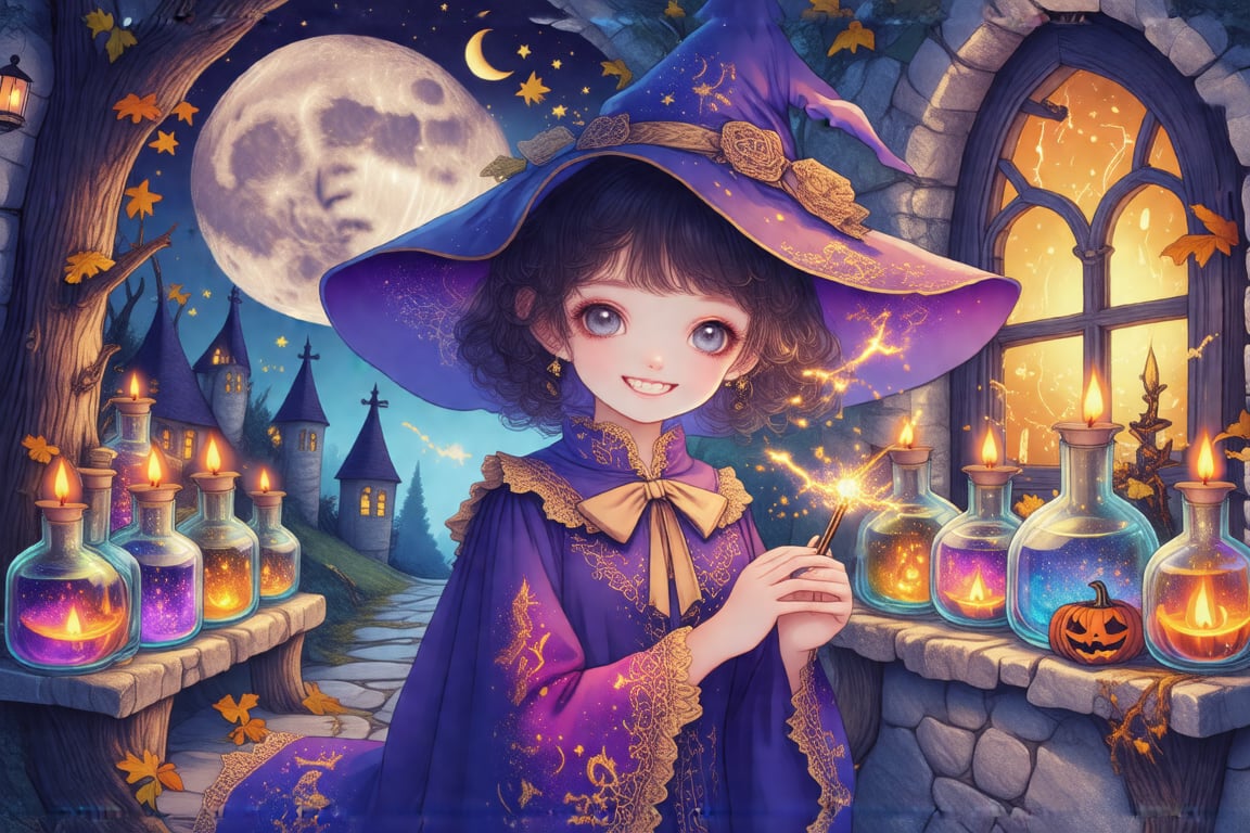 In the heart of a mystical forest, where whispers of ancient secrets hide within the rustling leaves, stands an old alchemical atelier. Inside, illuminated by the soft glow of Halloween lanterns, a cute young girl, perhaps no older than ten, dons the whimsical costume of a witch. Her wide-brimmed hat, tilted at a charming angle, casts a mischievous shadow across her face. Her robe, a kaleidoscope of midnight blues and purples, boasts stars embroidered with golden thread that shimmer like distant galaxies. Around her, a symphony of spectral hues dances as colorful potions in glass vials reflect the flickering candlelight, casting an array of fantastical shadows upon the stone walls. The scene brims with enchantment and anticipation, as the air is alive with the scent of cinnamon and ever-so-slightly burnt magic. Tiny sparks of light erupt sporadically from the tips of her wand, an ancient artifact intricately crafted from elderwood and engraved with runes that hum with a life of their own. She giggles, a sound as bright as her surroundings, filled with the joy of discovery and play. Outside the window, the moon hangs like a giant pearl against the velvet sky, watching over this harmonious blend of whimsy and arcane secrets.