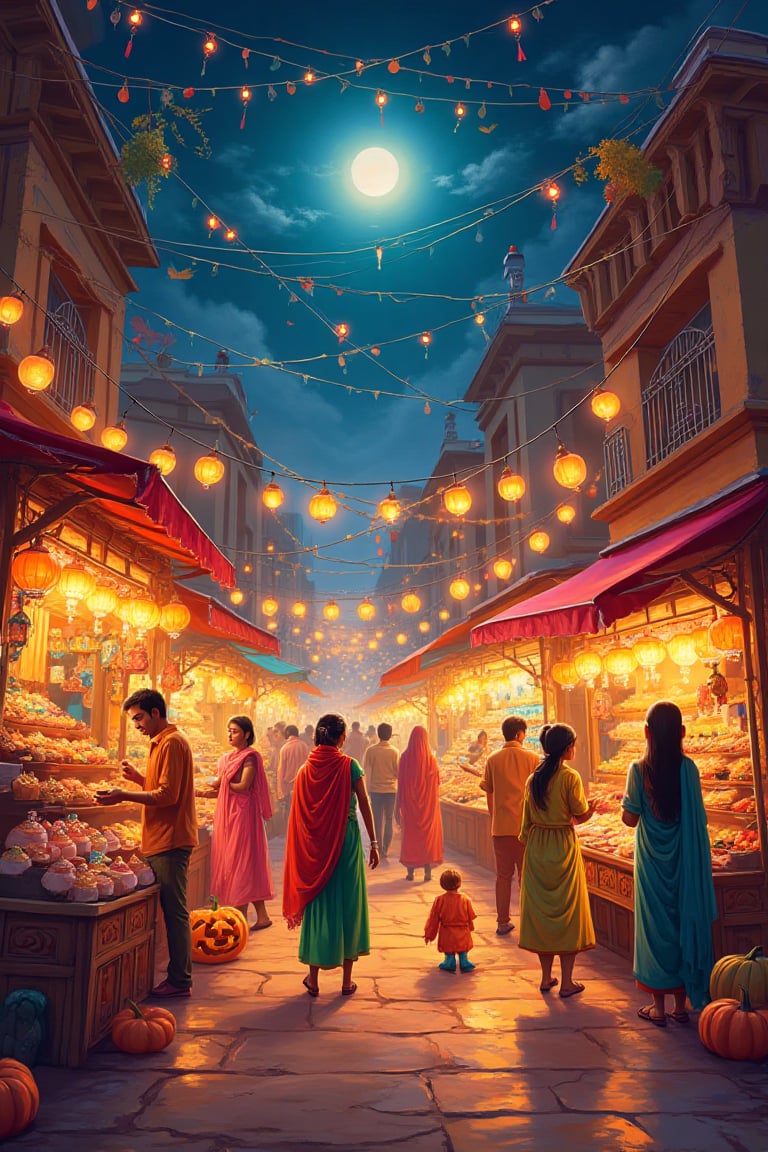 Create an illustration that embodies the cultural fusion of Diwali and Halloween,  seamlessly blending elements of both. E...