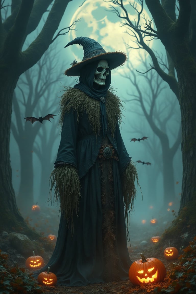 Design an image that blends Halloween with the mysterious allure of gothic fantasy. The character, garbed as a scarecrow, stands in a moonlit glade, surrounded by fog-enshrouded trees whose twisted branches reach out like skeletal fingers. Their costume is a patchwork of eerie elegance: silken threads intertwine with rough straw, and their sinister mask hints at ancient secrets. Luminescent jack-o'-lanterns flicker with spectral light, casting elongated shadows that dance across the forest floor. Bats flit through the night, their wings whispering secrets of the past. The atmosphere should evoke a timeless, haunting beauty, where each detail serves to enhance the mystical and foreboding charm of a world caught between reality and spooky legend.