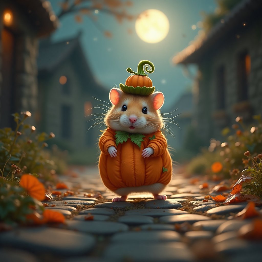 In the moonlit night where shadows dance ever so lightly upon the cobbled paths of an enchanted village, behold a scene of whimsical delectation. In the midst of autumnal hues, a super cute hamster clad in a charming pumpkin costume emerges. The costume, a vibrant orange hue basking in the glow of silvery moonbeams, compliments the hamster's tiny stature. The leaves, underfoot, crackle gently with each playful step of this delightful creature who carries the essence of HALLOWEEN warmth. As crickets sing their nightly chorus, the hamster's costume is adorned with tiny curls of vine winding around the pumpkin's surface, and a jaunty green hat resembling a pumpkin stalk perches upon its tiny head. This joyous spectacle, set against the backdrop of twinkling stars and whispering autumn air, creates a tableau that celebrates the cute and magical spirit of HALLOWEEN.