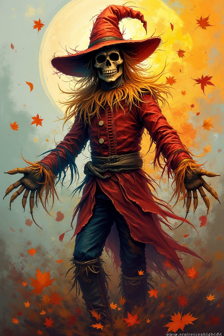 Create a vibrant and abstract depiction of a person dressed in a scarecrow costume for Halloween. Use bold, sweeping brushstrokes and dynamic color contrasts to evoke the essence of autumn festivities. The figure should be a fusion of geometric shapes and flowing lines, with exaggerated proportions that blend into the chaotic yet harmonious background. Include autumn elements like swirling leaves and the muted glow of a harvest moon. Emphasize the texture of straw and burlap, with patterns that shift and morph dynamically across the image. The result should be a thrilling explosion of colors and forms, capturing the spirit of Halloween in an otherworldly, energetic fashion.