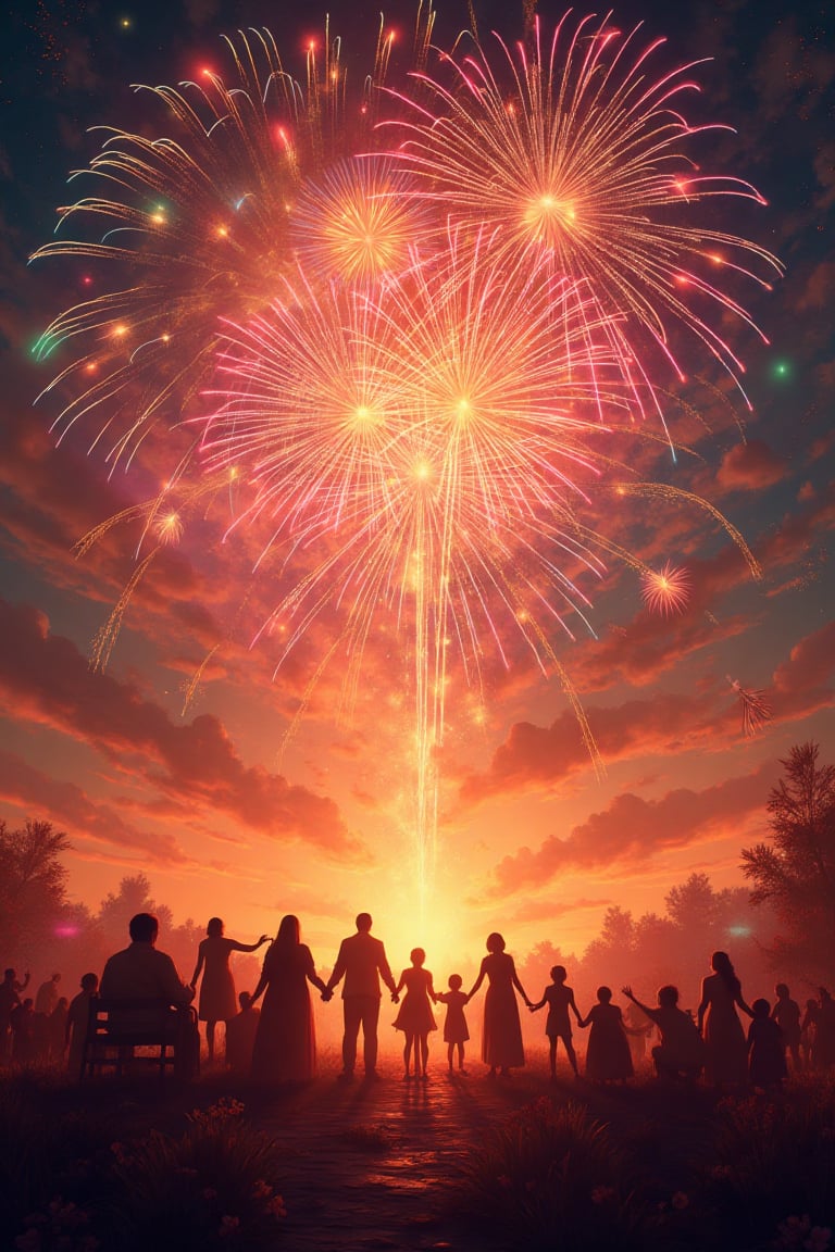 Design an image that feels like the climactic scene of an epic film set during Diwali. The sky is ablaze with a breathtaki...