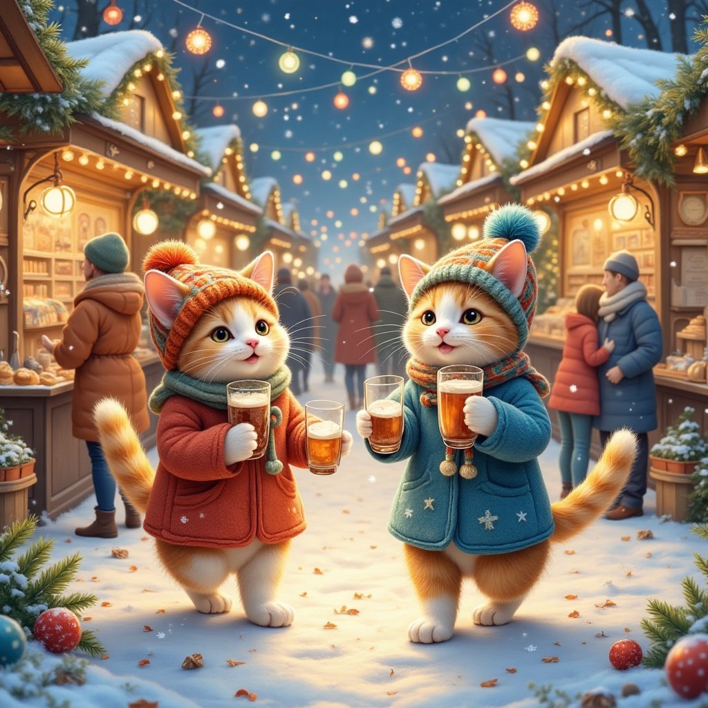 (Cats are walking happily in warm,  soft wool coats and woolen hats at a snowy night market in Northern Europe. In the bac...