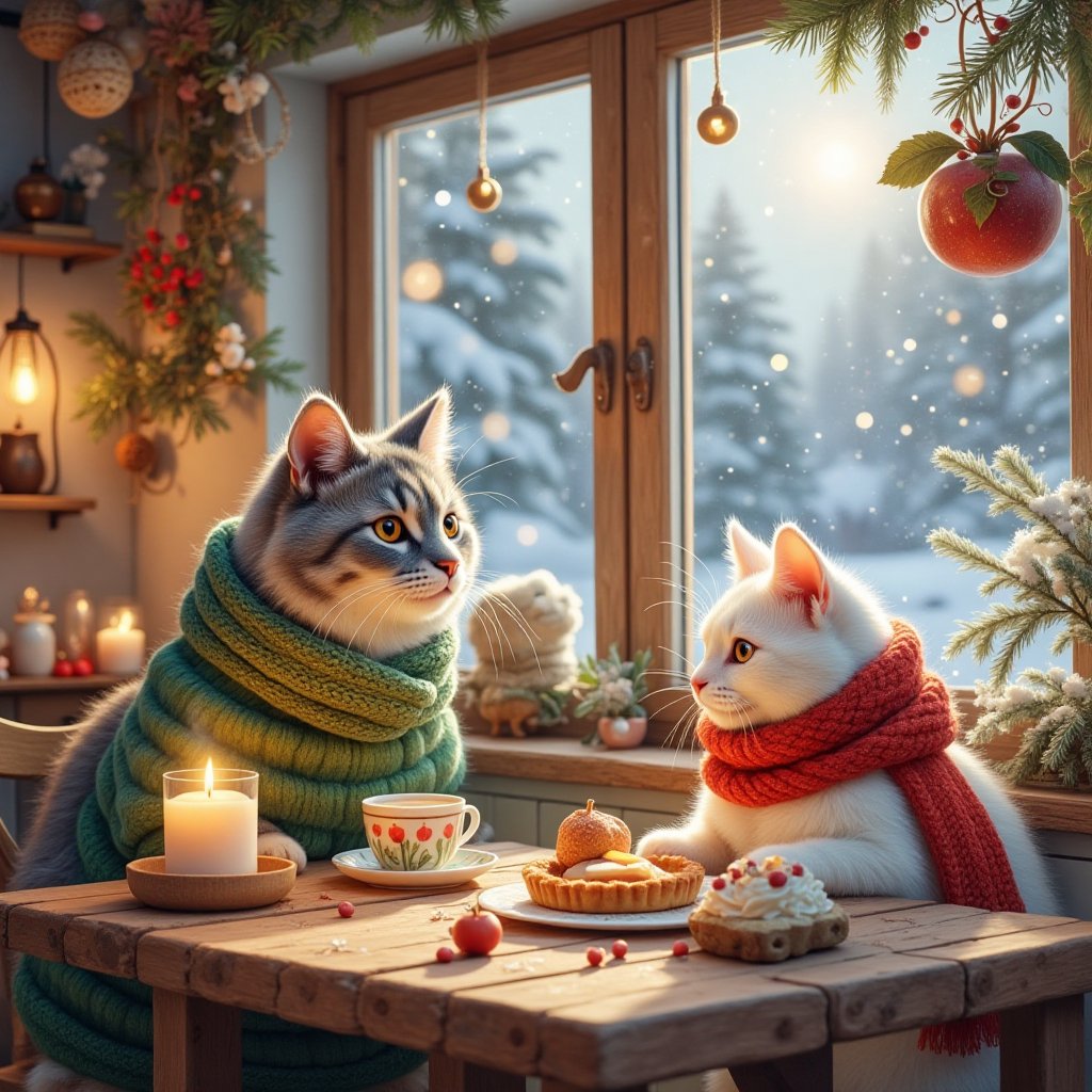 In the heart of a quaint Nordic café,  two charming cats sit comfortably at a rustic wooden table,  surrounded by the deli...
