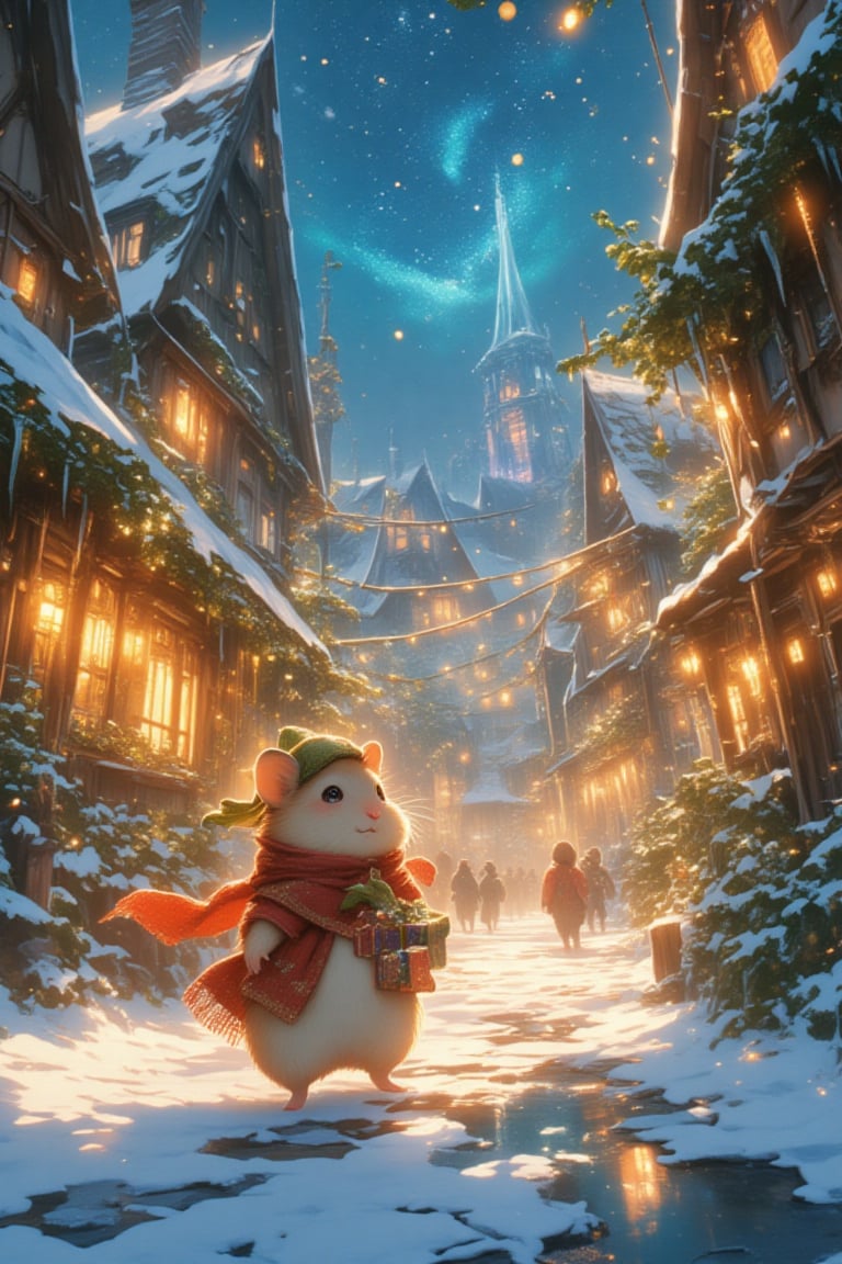 (In an idyllic,  snow-draped hamlet nestled within a corner of a wondrous world reminiscent of the iconic landscapes in Fi...