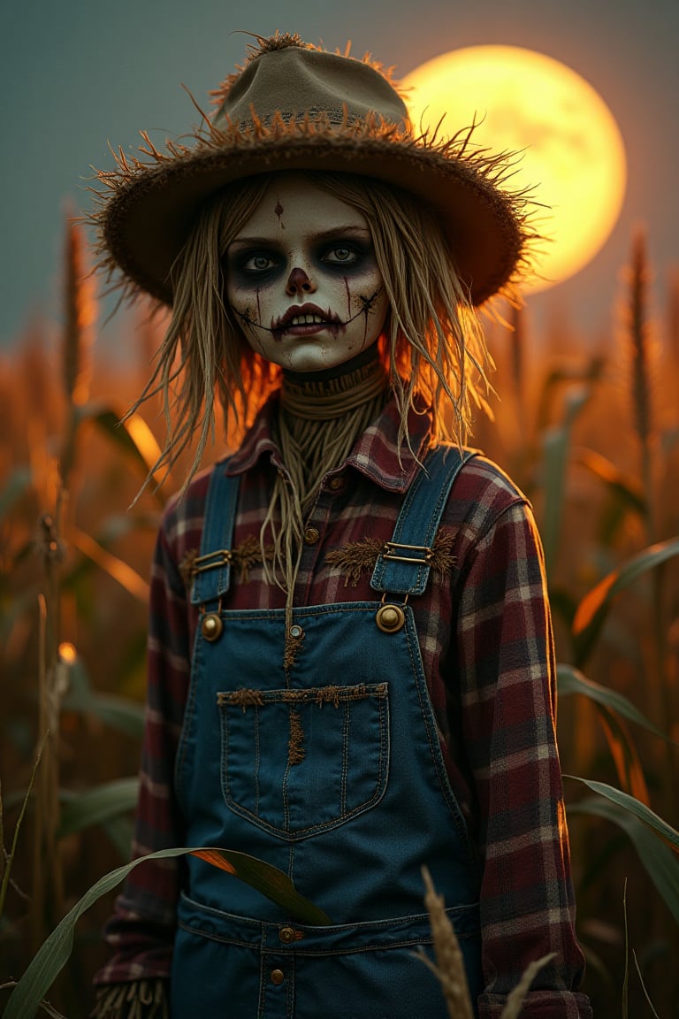 Craft a hyper-realistic portrayal of a person garbed in a meticulously detailed scarecrow costume for Halloween. Capture the minute details with precision: individual strands of straw protruding from a frayed hat, the intricate stitching of patches on worn-out denim overalls, and the faded fabric of a plaid shirt. Their expression is shrouded in the shadows cast by a golden harvest moon. The background should be a vividly realistic field bathed in moonlight, each leaf of corn meticulously rendered. The atmosphere is one of suspense and authenticity, capturing the moment as if frozen in time, where every texture and nuance is palpable and tangible, resonating with the lifelike eeriness of the scene.