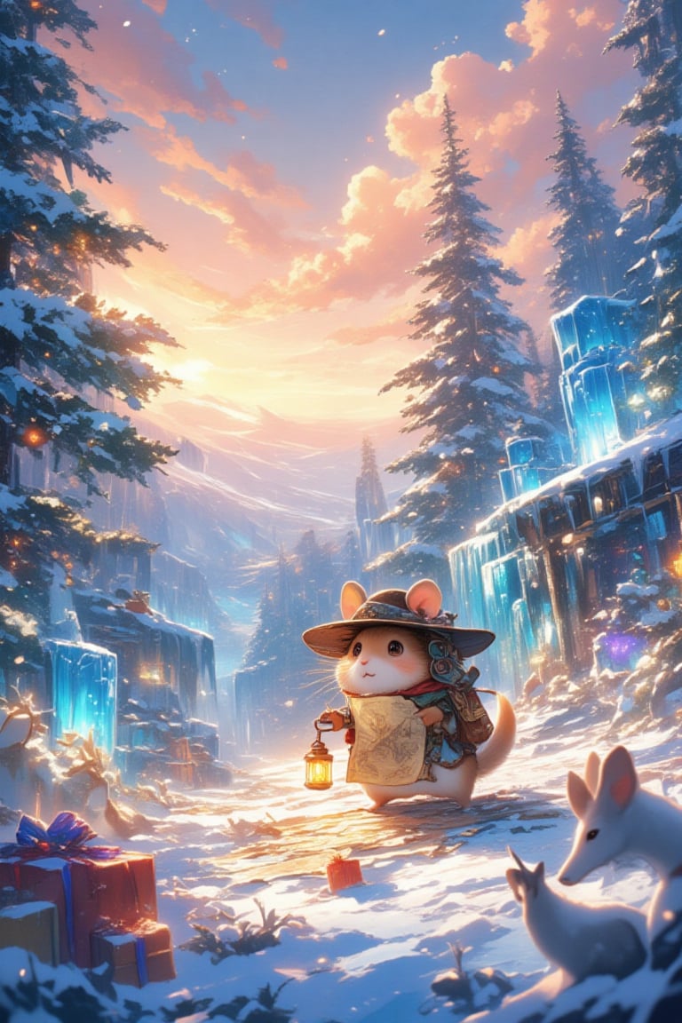 (Create a fantastical scene featuring an adorable,  anthropomorphic hamster who embodies a sense of both courage and cuten...