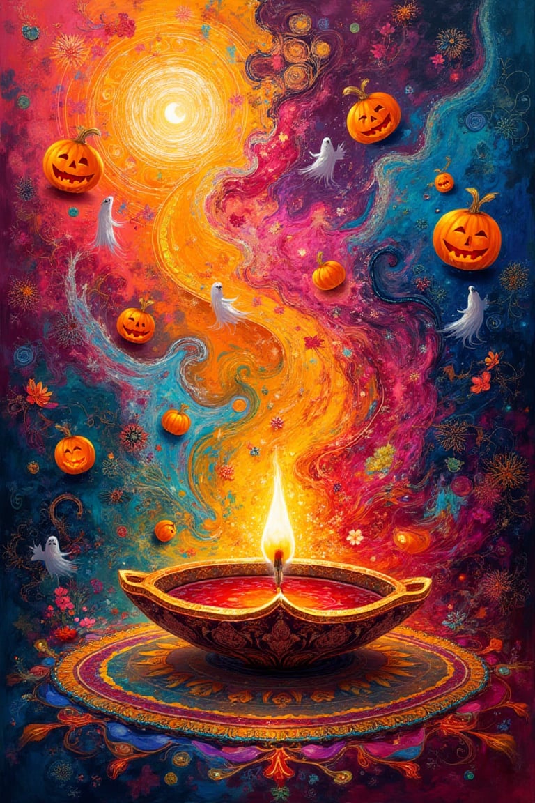 Create a dynamic and bold abstract artwork celebrating Diwali,  the Indian Holiday. Merge intricate patterns with vibrant...