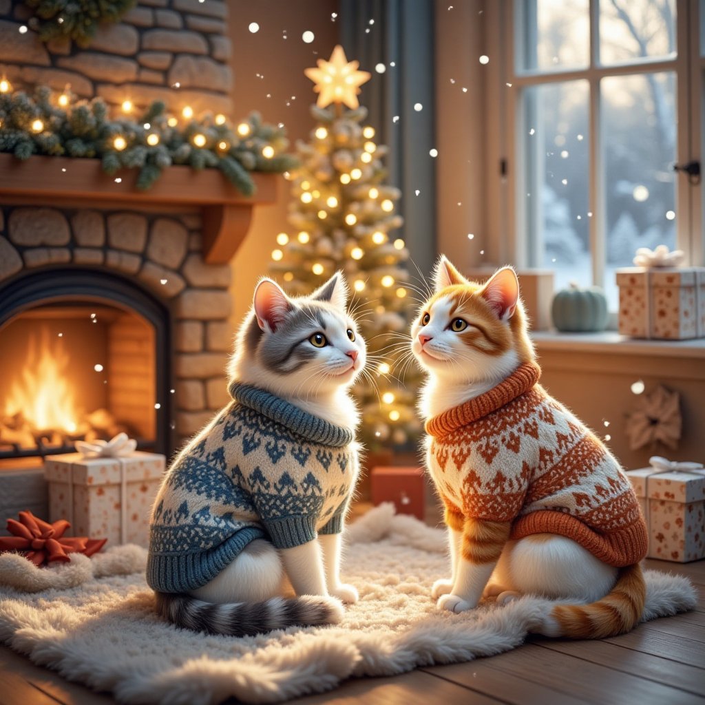 Create an enchanting winter scene featuring two incredibly adorable cats dressed in cozy Nordic sweaters,  basking in the...