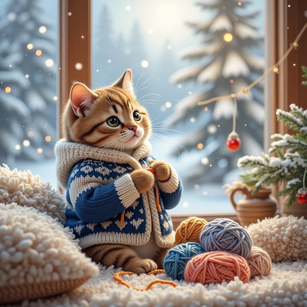 Knitting cat enjoying the snowy scenery (Outside,  the Nordic landscape spreads with snow gently falling. The large window...