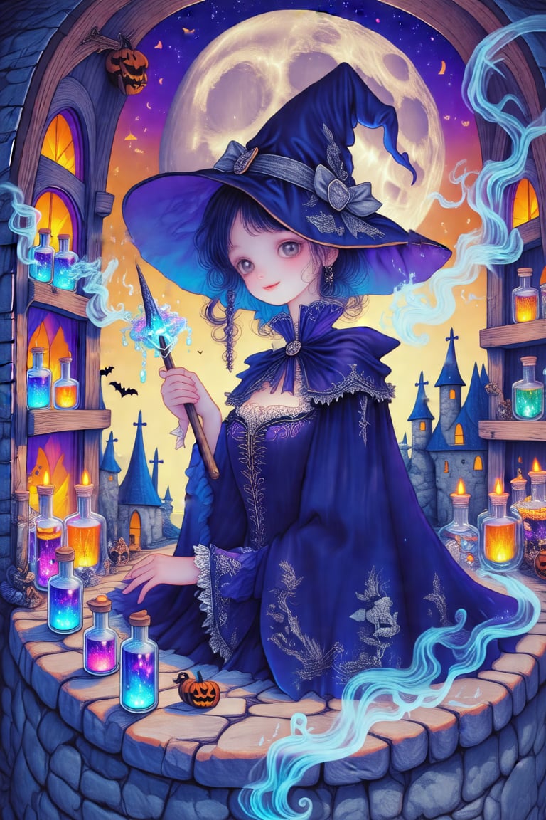 Perched atop a windy hill, in a small tower whose windows glow with the hues of Halloween enchantment, a young girl is immersed in a whimsical world of her own creation. Her witch's costume is a marvel of sophistication and fun — a deep indigo cloak with silver embroidery, a wand of crystalline beauty clasped in her hand, and a playful pointy hat. She is the heart of this kaleidoscope of wonder, where colorful vials line the tables and shelves, casting a vibrant tapestry of light across the stone floors. Potions burble harmoniously, their iridescent layers shifting with every magical incantation whispered into the air. Surrounding her are wisps of luminescent smoke shaped into floating figures that tell stories of old, illuminated by the flickering of ethereal candles. It’s a space alive with joy, every nook resonant with the jubilant echoes of delighted discovery. The scene is a harmonious lullaby of enchantment and cheer, a vivid celebration of youth, imagination, and the timeless magic of play, resting under the watchful gleam of a harvest moon.