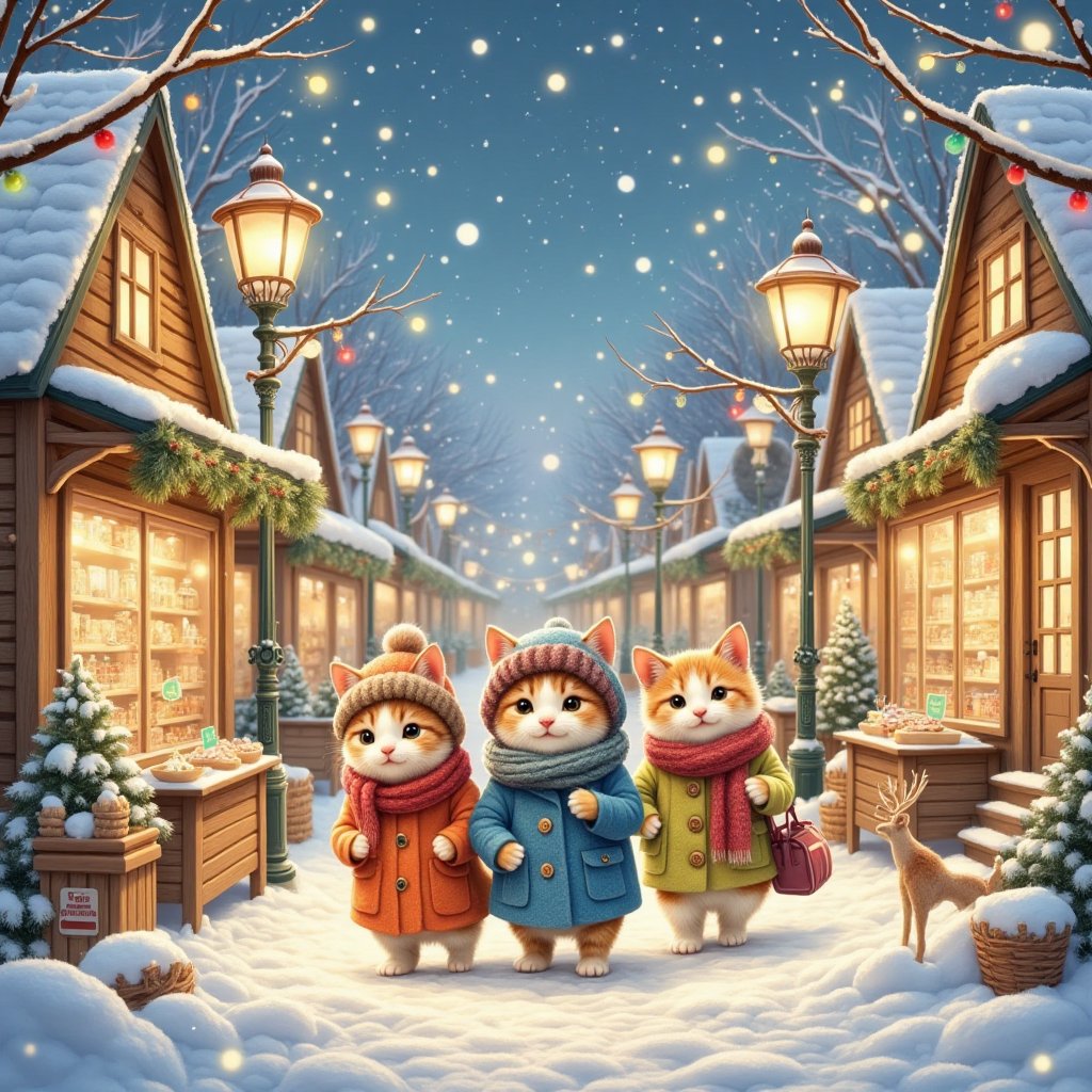 (Draw a scene of cats in fashionable winter clothes enjoying shopping in a freezing Nordic city. The cats are wearing scar...