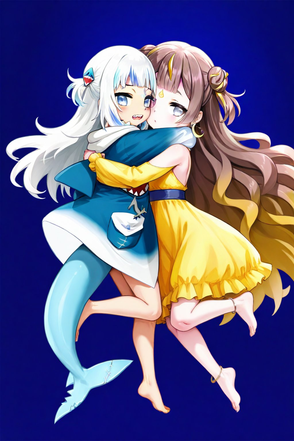  ,  ,((anya melfissa, gawr gura )),  (((2girl))),  , long hair, crescent, dress, barefoot, double bun, jewelry, , , forehead mark, yellow dress,  looking at viewer,  very long hair, anklet, crescent earrings, blue background
, shark girl, white hair, blue highlight, hug, hugging each other
