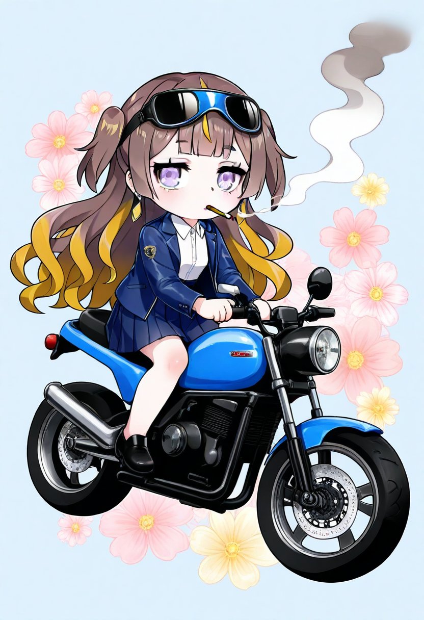 1girl, solo,((anya melfissa )), jewelry,  riding a motorbike, motorbike helmet,  .wearing a motorbike helmet.   skirt, smoke, jacket, chibi, sunglasses, ,   , earrings, shirt, cigarette, brown hair, smoking, looking at viewer, blue jacket, floral background, white shirt, pleated skirt, long sleeves, blue skirt,     , collared shirt, flower, open jacket, 