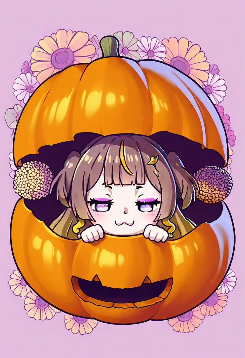 1girl, solo,((anya melfissa )),  hallowen, pumpkin, inside an pumpkin, pumpkinshell, big pumpkin, cracked pumpkin, ,  :3, chibi, smug, happy,  floral background