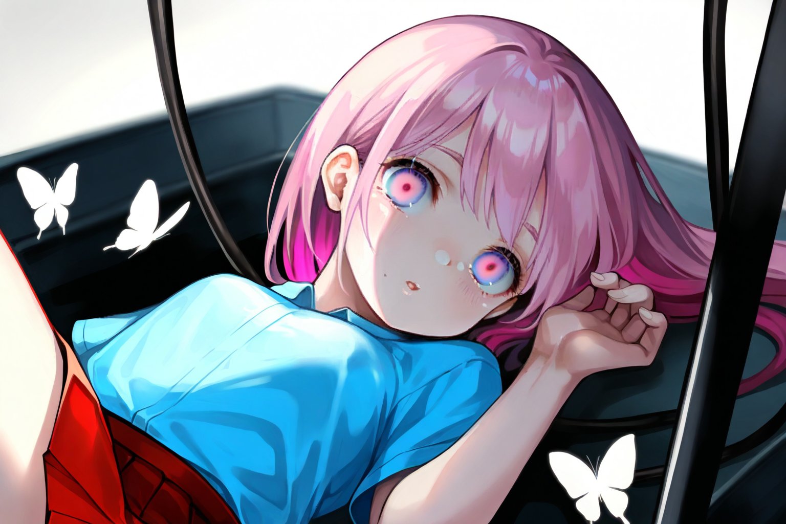 safe_pos,  ,  , 1girl, pink hair, red skirt, blurry, blurry background, bug, butterfly, cable, closed mouth, crying, crying with eyes open, grey eyes, leg up, looking at viewer, lying, on back, pleated skirt, shirt, skirt, tears, white butterfly, blueshirt, close-up, perspective
