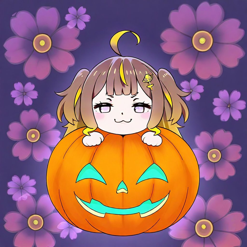 1girl, solo,((anya melfissa )),  hallowen, pumpkin, inside an pumpkin, pumpkinshell, big pumpkin, cracked pumpkin, ,  :3, chibi, smug, happy,  floral background