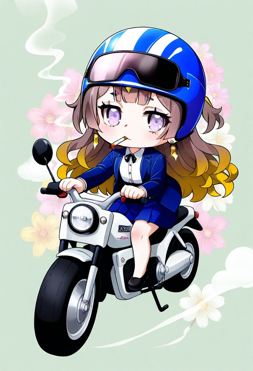 1girl, solo,((anya melfissa )), jewelry,  riding a motorbike, motorbike helmet,  .wearing a motorbike helmet.:3   skirt, smoke, jacket, chibi, sunglasses, ,   , earrings, shirt, cigarette, brown hair, smoking, looking at viewer, blue jacket, floral background, white shirt, pleated skirt, long sleeves, blue skirt,     , collared shirt, flower, open jacket, 