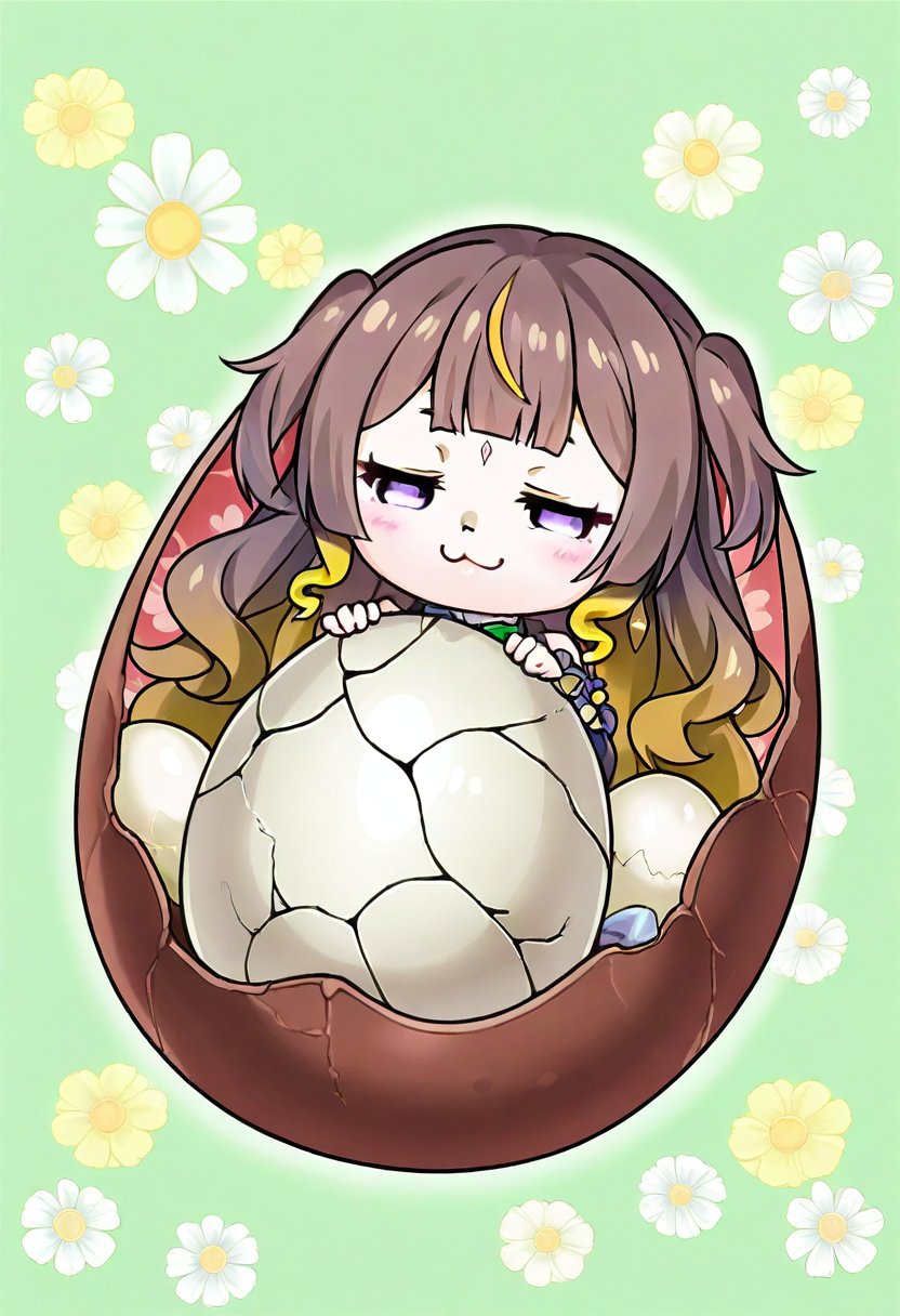 1girl, solo,((anya melfissa )),  egg, inside an egg, egg shell, big egg, cracked egg, eggcelent,  :3, chibi, smug, happy,  floral background